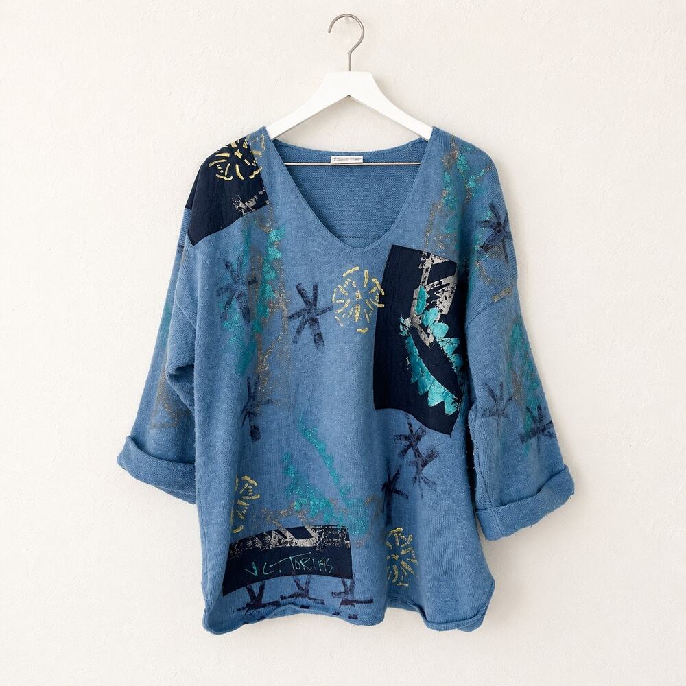 Vintage 90s V.C. Torias Blue Hand Painted Artwear Cotton Sweater OS Lagenlook